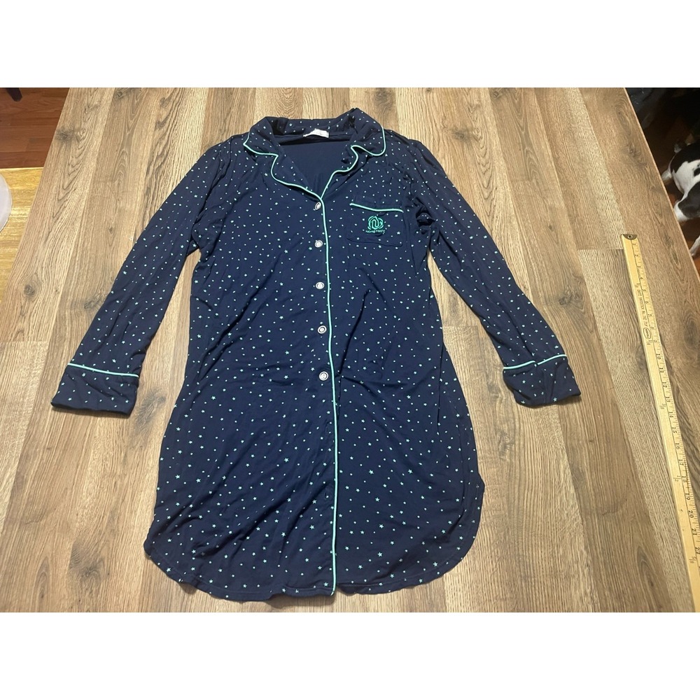 Nora Twips Dress Women's Size Large, Blue Green Stars Button Up Night Gown
